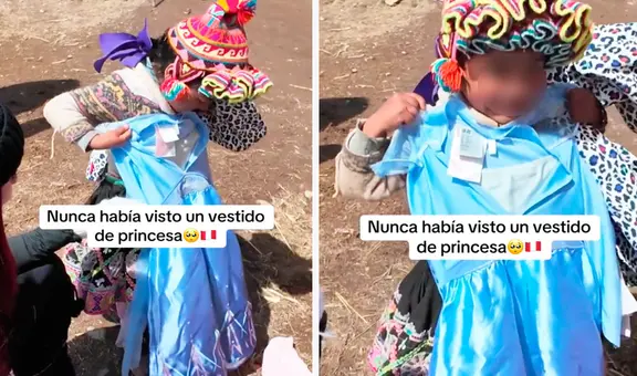 Niña en el Cusco se emociona al ver que el regalan un vestido de princesa: “Mamá, mira, me queda”