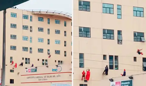 Hombres disfrazados de superhéroes trepan edificio de INSN de San Borja y le dan sorpresa a pacientes por el Día del Niño