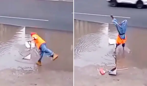 Trabajador de limpieza se para de manos para recoger una bolsa y evitar mojarse los zapatos en inundación