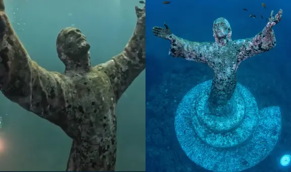Buzos italianos limpian estatua del Cristo del Abismo ubicada en las profundidades del mar Mediterráneo