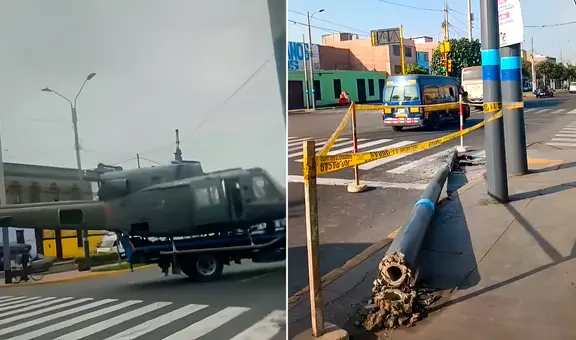 Helicóptero que era trasladado por camión choca y derriba un poste en el Callao