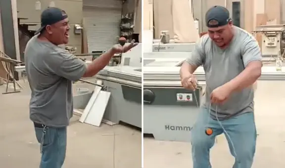 Carpintero sorprende al destapar botella con un trompo y redes estallan: “Ni Messi hace esa magia”