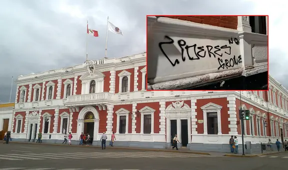 Presuntos hinchas de Alianza Lima realizan pintas en la Municipalidad de Trujillo y locales aledaños