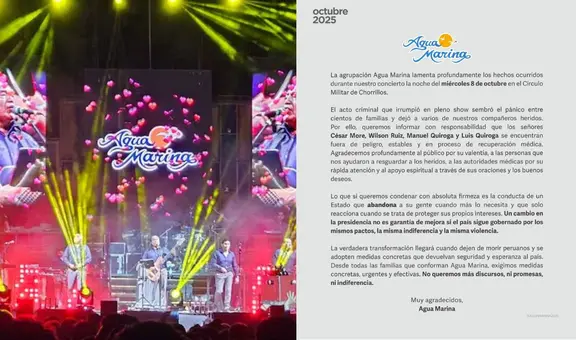 Agua Marina condena indiferencia política tras atentado en Chorrillos: “Un cambio en la presidencia no es garantía de mejora”