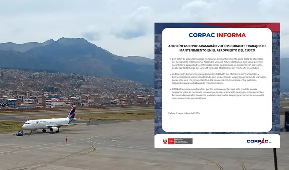 Cusco: aerolíneas cancelan vuelos nocturnos por mantenimiento en pista del aeropuerto