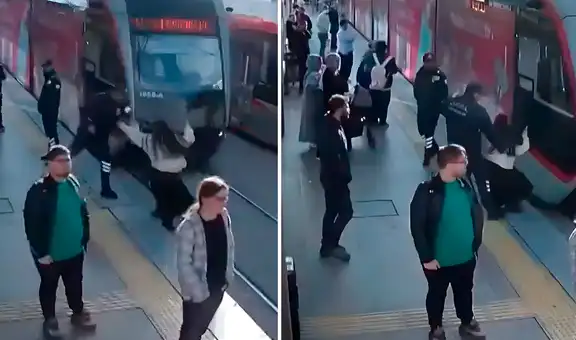 Guardia salva a una mujer de ser atropellada por un tranvía en Turquía: se encontraba distraída con sus audífonos