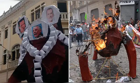 Marcha Nacional del 15 de octubre: manifestantes queman muñeco con caras del presidente Jerí, Rey de España y congresista Rospigliosi en Arequipa