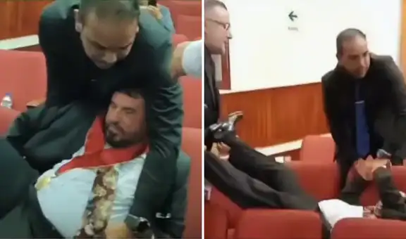 Exdecano del Colegio de Economistas es retirado a la fuerza, cargado de pies y manos, por personal de seguridad durante asamblea