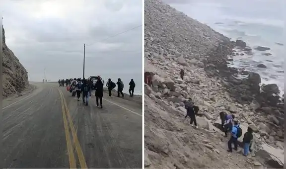 Carretera en Arequipa lleva bloqueada un día por deslizamiento de rocas por lluvias: pasajeros intentan cruzar a pie