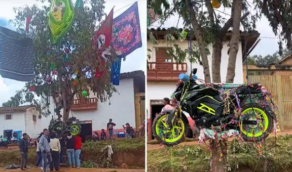 Cuelgan moto 0 km en yunza por carnavales en Huánuco y desata furor en redes: "Es un árbol millonario"
