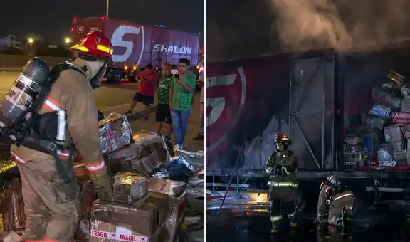 Los Olivos: fuerte incendio consume camión de encomiendas de Shalom en plena Panamericana Norte