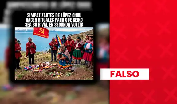 Es falso que seguidores de Alfonso López Chau realizaran un ritual con una bandera comunista: la imagen fue generada con IA