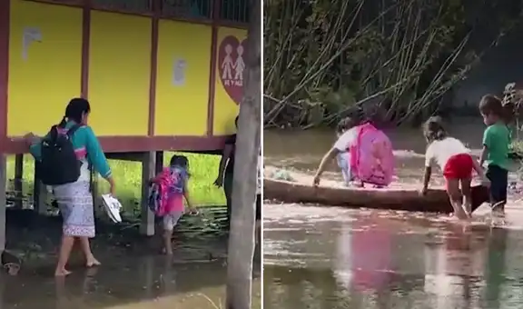Estudiantes de Pucallpa inician año escolar cruzando el colegio en botes tras inundación por la crecida del río Ucayali