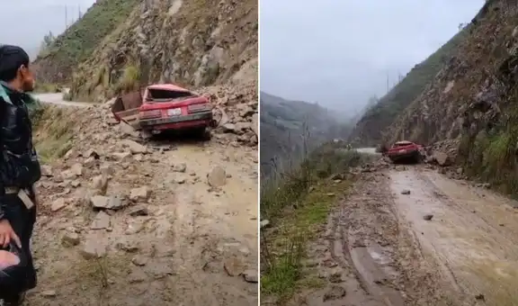 Docentes salvan de morir tras caída de rocas que destruyó su vehículo en Huánuco