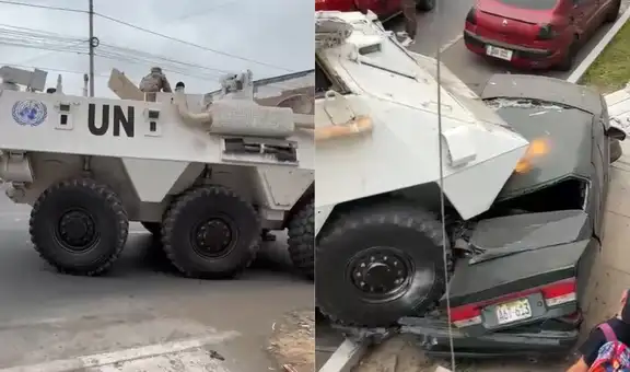 Tanqueta de la ONU provoca aparatoso choque en Chorrillos: blindado destruye auto y derriba postes