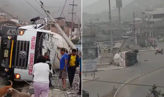 Camión cisterna de gas se volcó tras perder el control en Comas: conductor quedó atrapado dentro de la unidad