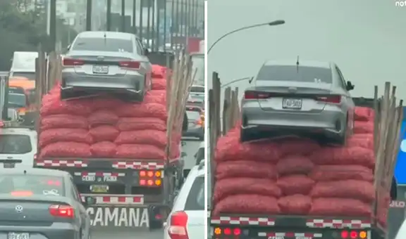 Insólito: captan camión trasladando automóvil encima de costales de cebolla en plena Panamericana Norte