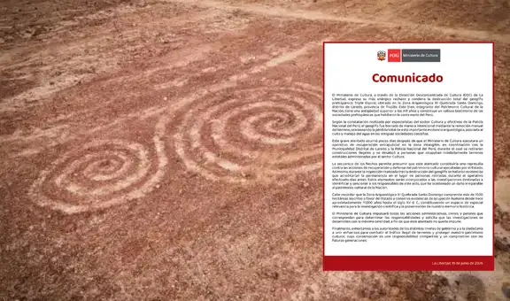 Ministerio de Cultura condena destrucción total del geoglifo prehispánico Triple Espiral y advierte acciones penales contra responsables