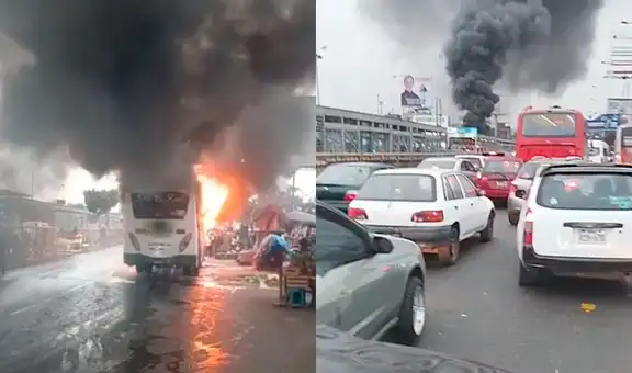 Incendio de bus de transporte público genera fuerte tráfico en av. Caquetá y moviliza 4 unidades de bomberos en San Martín de Porres