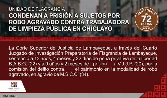 Condenan a prisión a sujetos por robo agravado contra trabajadora de limpieza pública en Chiclayo