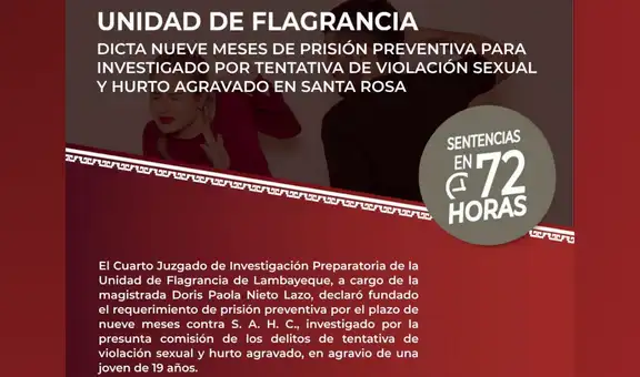 Dictan nueve meses de prisión preventiva por tentativa de violación sexual en Santa Rosa