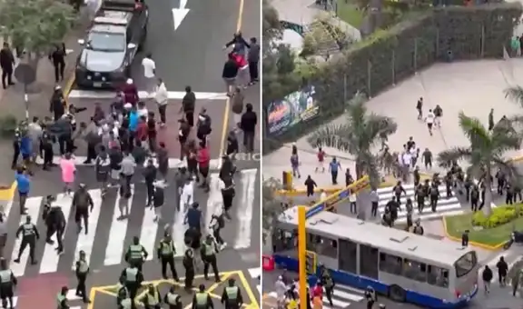 Policías y transportistas se enfrentan por carril exclusivo del Corredor Azul en la Av. Arequipa