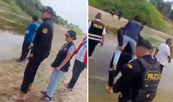 Fiscal es cargada por policías para evitar mojarse los zapatos durante levantamiento de cadáver en Piura
