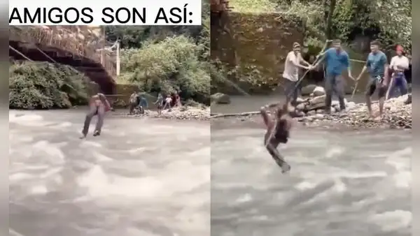 Hace canopy con sus amigos, pero ellos le mueven la cuerda y provocan que se moje
