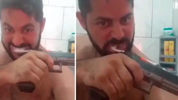 Facebook Viral: Este hombre demuestra que no le tiene miedo a nada al lavarse los dientes con pistola cargada [VIDEO] 