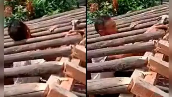 Construía un techo de madera y su cabeza queda atrapada entre los troncos