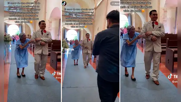 Abuelita ingresa muy orgullosa y feliz a iglesia para acompañar a su nieto el día de su boda