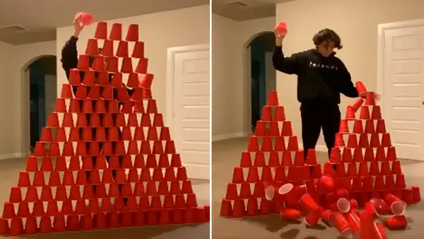 Intenta armar torre gigante con vasos de plástico y todo termina de la peor manera [VIDEO] 