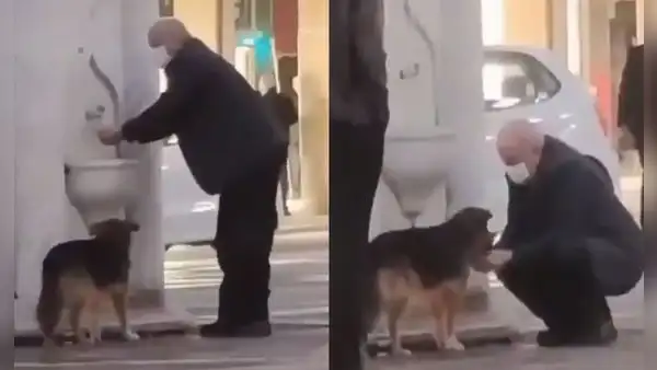 Hombre se cruza con perro callejero y le da de beber con sus manos
