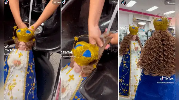 Mujer va a la peluquería con una virgen de yeso para que le hagan un tratamiento de cabello