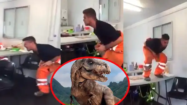 Facebook viral: aprovecha su hora de almuerzo para imitar a dinosaurio y hacer reír a sus amigos [VIDEO]