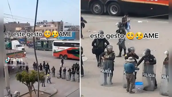 Vendedor ambulante aprovecha que policías custodiaban una avenida para ofrecerles gelatinas