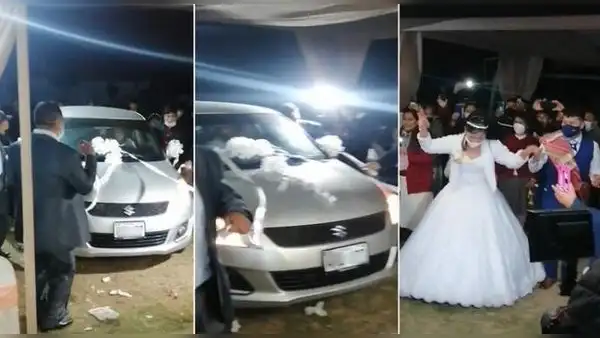 Padrinos sorprenden a pareja de novios al regalarles un auto en su boda
