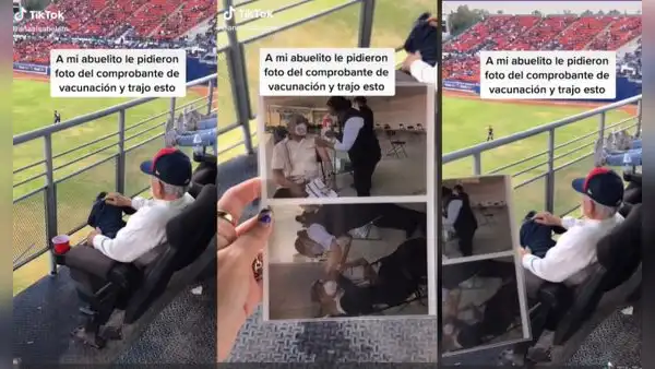 Abuelito lleva fotografías de su vacunación como comprobantes para ingresar a un estadio en México