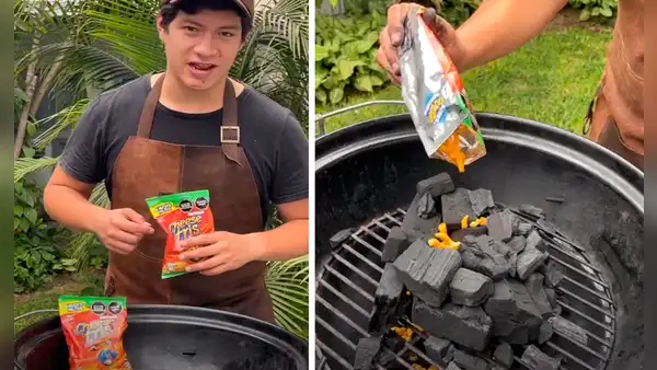 Joven hace experimento y prende un carbón con Cheese Tris en solo 30 segundos 