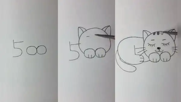 Dibujante convierte el número 500 en tierno boceto de un gato dormido