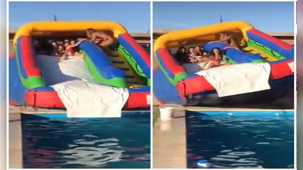 Jóvenes suben a tobogán inflable en fiesta de cumpleaños sin imaginar que ocurriría un accidente