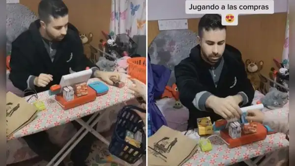 Papá juega con su hija al supermercado y conmueve actuando de cajero solo para ella