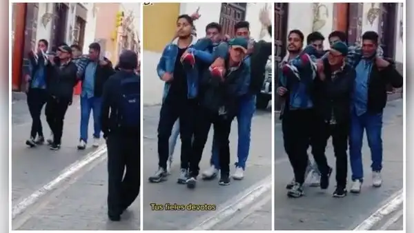 Jóvenes ayudan a su amigo ebrio y lo cargan como anda procesional para llevarlo a casa