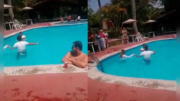 Jóvenes van de paseo a una piscina para refrescarse y terminan siendo testigos de un bautizo