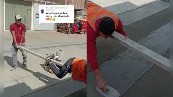 Albañiles sorprenden en redes sociales al emplear un ingenioso método para lijar la vereda