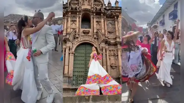 Novia roba miradas en Cusco por pasear con un elegante vestido con bordados andinos