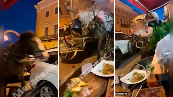 Caballo se desboca al escuchar estallido de cohetes y salta sobre las mesas de restaurante