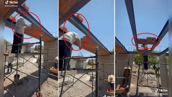 Albañiles desafían la gravedad con innovadora técnica para construir el techo de una casa
