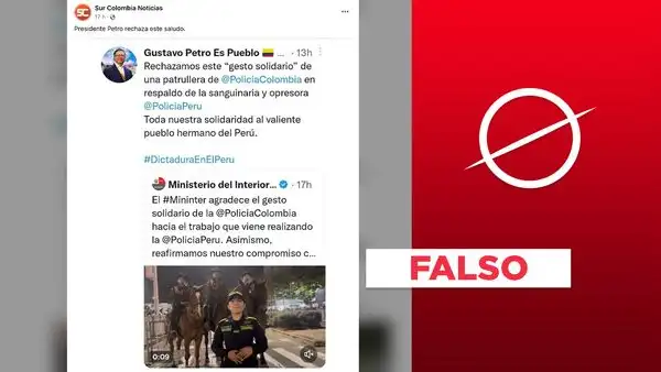No, Gustavo Petro no rechazó en Twitter el "gesto solidario" de una policía colombiana hacia la PNP