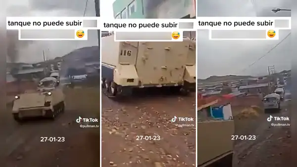 Tanque del Ejército se queda varado a mitad de camino al no poder subir a un cerro